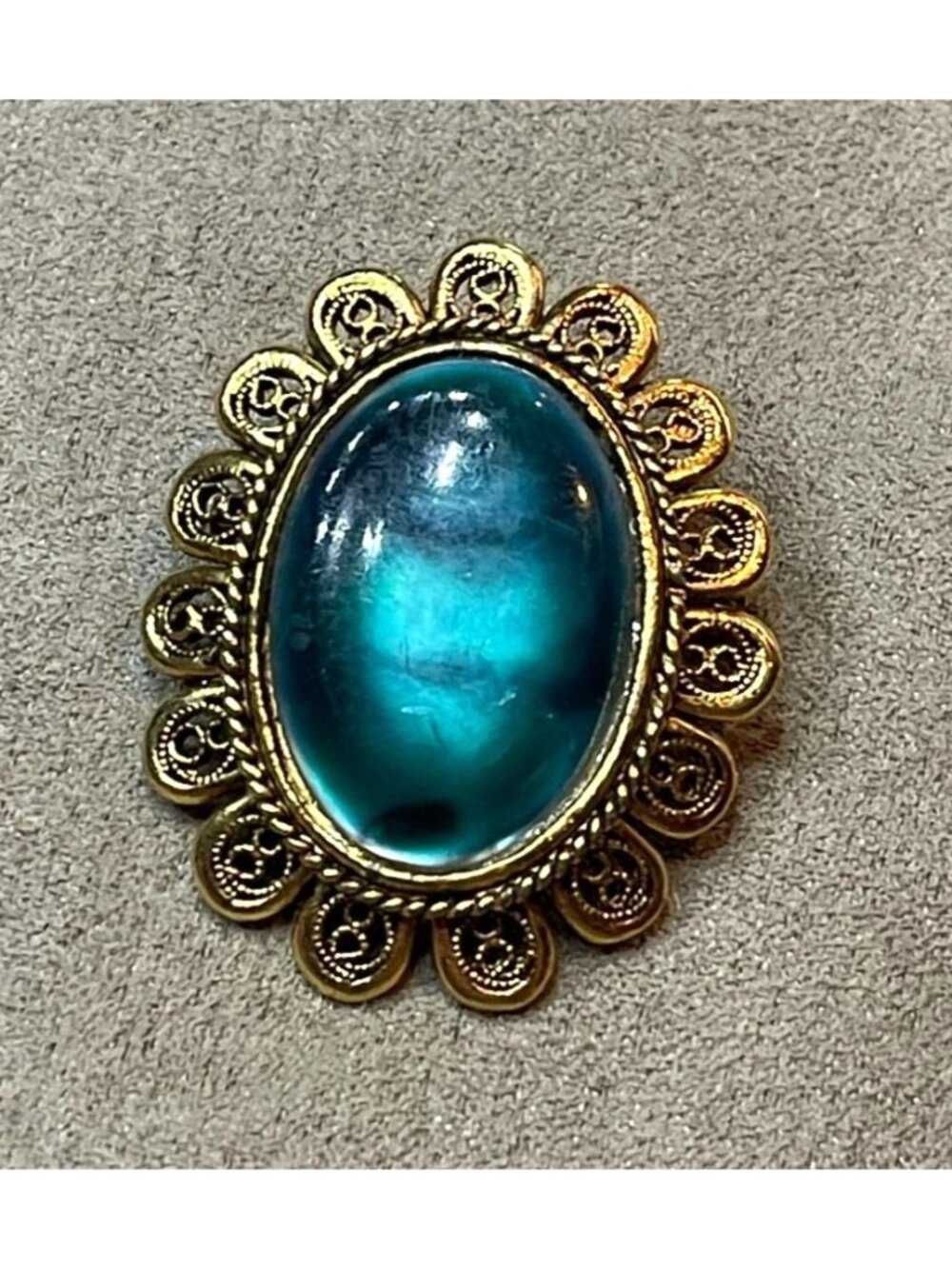 Vintage 70s Victorian Style Gold Tone Teal Blue Cabochon Brooch Pin Ornate Scall
